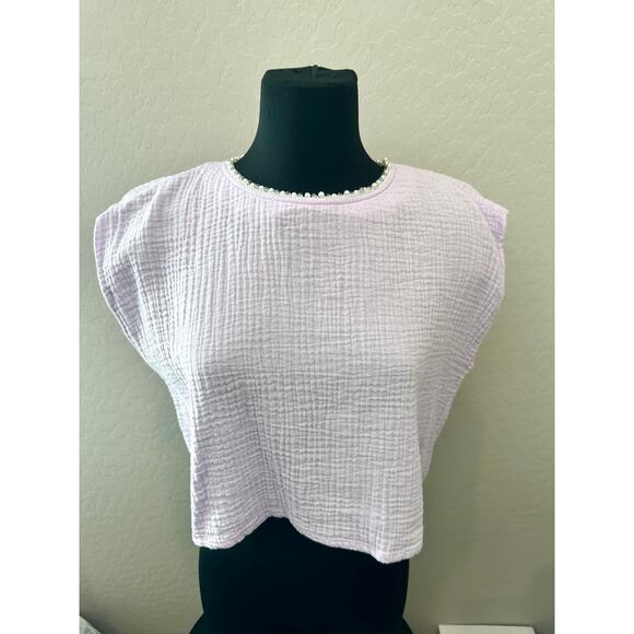 WILDFOX | Lilac Purple Textured Cotton Crop Top Pearl Trim Keyhole Back | Medium - Picture 3 of 8